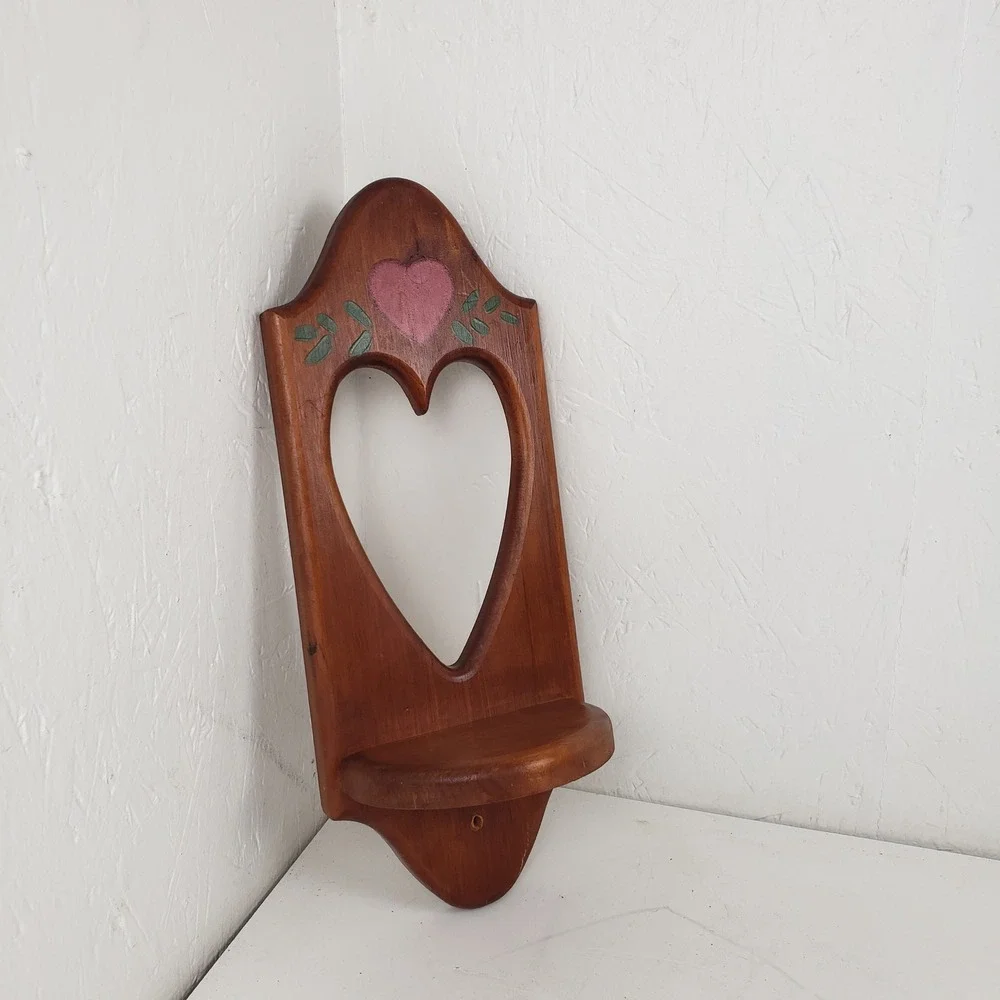Vintage Wooden Heart Cutout Wall Shelf Rustic Country Decor Hand Painted 15